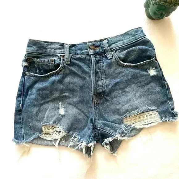 Free People Button Fly Distress Faded Midrise Denim Jean Shorts Size 26 - Picture 2 of 14
